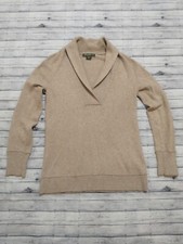 Eddie Bauer Women Sweater Pullover V-neck Size Medium Tan Chunky Collar USA Made
