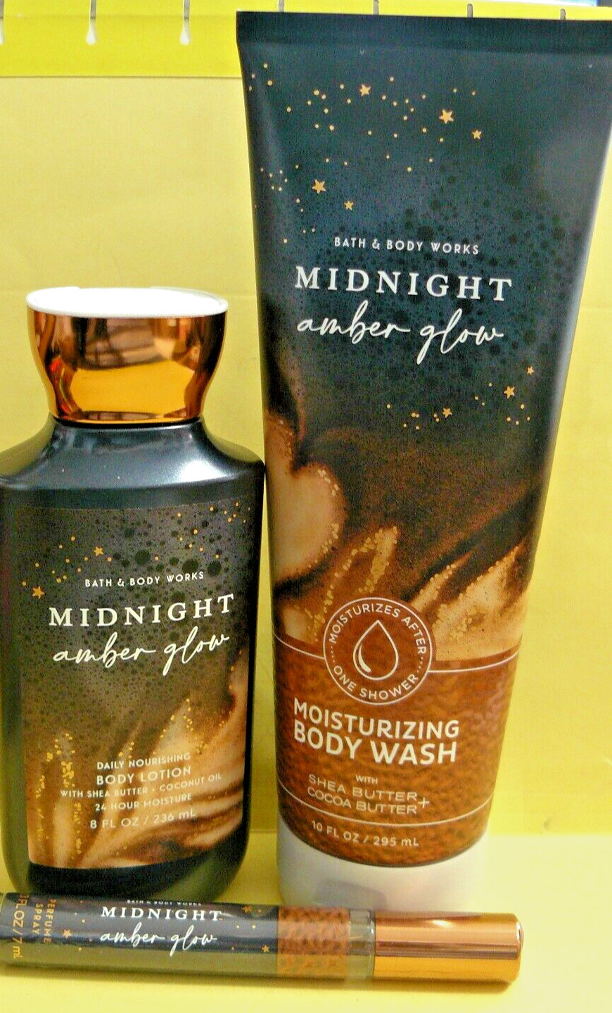 Bath & Body Works "MIDNIGHT AMBER GLOW" lotion, body wash, perfume spray x3