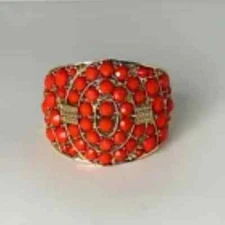 Charming Charlie Gold Tone Wide Cabochon Coral Bracelet Open 2 3/4"
