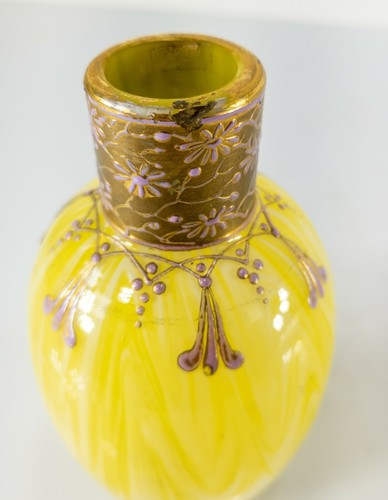 Antique Bright Yellow Swirled Bohemian Moser Harrach Enameled Glass Perfume Vase - Picture 5 of 10
