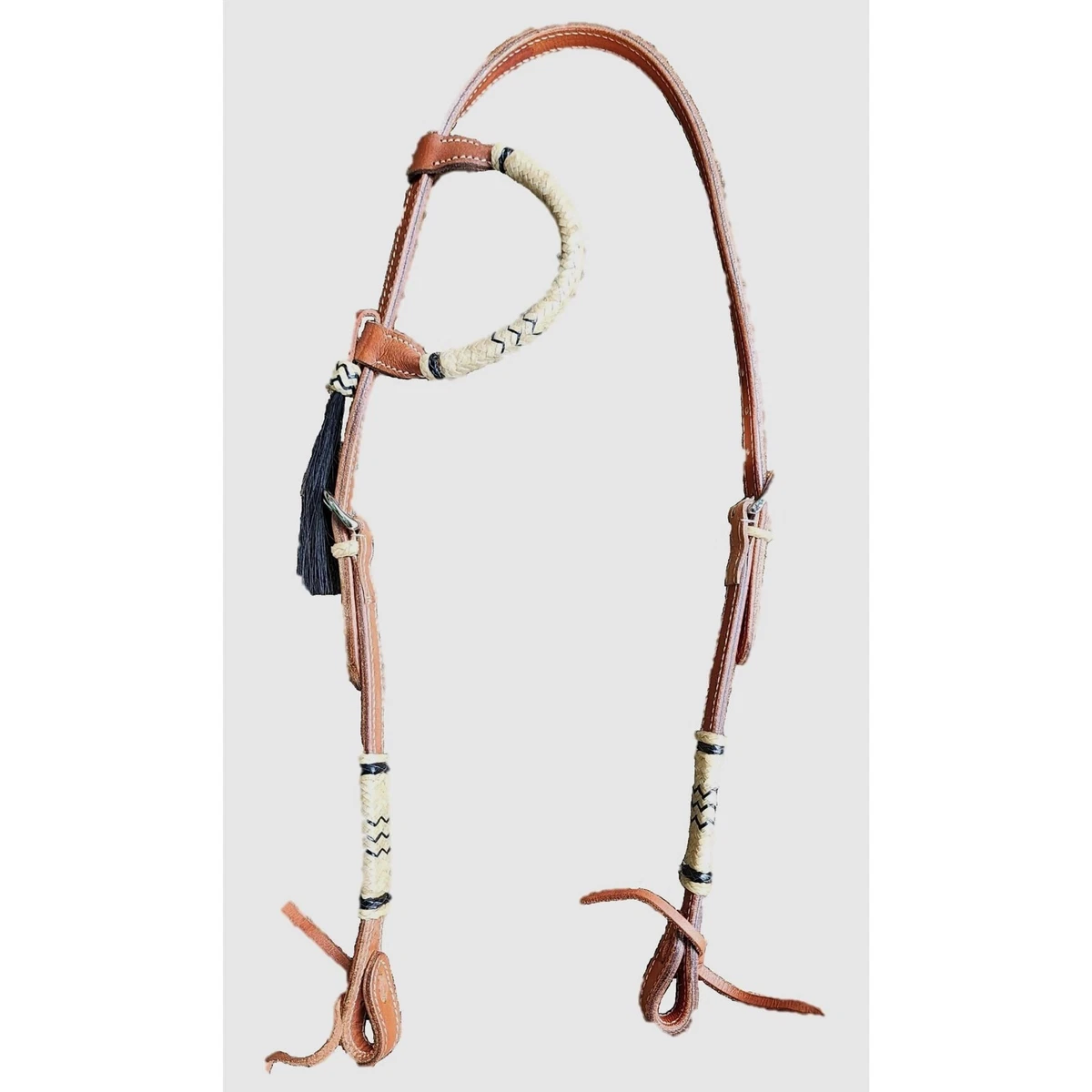 Bride Western Une Oreille En Cuir Brut Noir - Tressée Main Avec Pompon Crin, Taille Cheval, Marque RSI