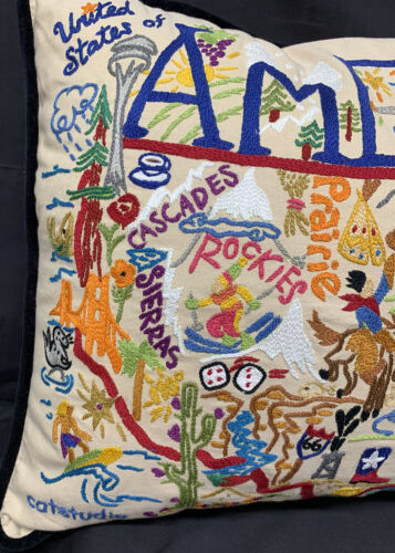CatStudio Hand-Embroidered US of AMERICA Pillow 24x18 Rockies, Appalachians etc. - Picture 2 of 7