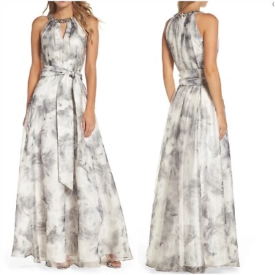 Eliza J Floral Embellished Organza Gown, Grey Multi, 10P