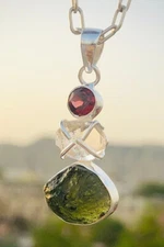 Czech Moldavite, Herkimer Diamond & Garnet 925 Sterling Silver Women Pendant