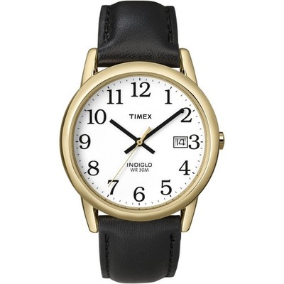 Timex Men's Easy Reader 35mm Watch   Gold-Tone White Date Dial Black Leather New