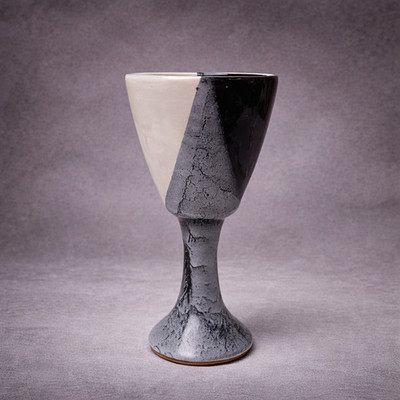 Handmade Studio Pottery Vase Goblet Signed 2001 Black White Gray Pedestal 8''