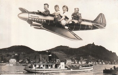 Photo postcard Drachenfels Königswinter people on plane photo montage ship