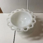 Vintage White Milk Glass Pedestal Candy Dish Heart Lace Edge 7x3.5