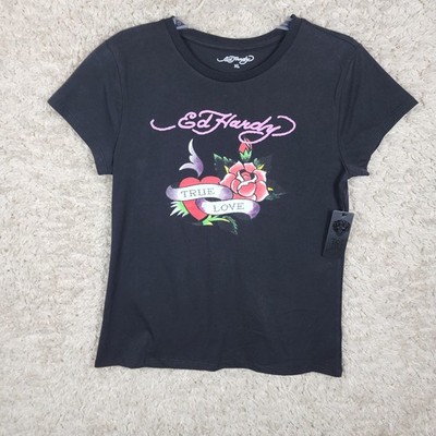Ed Hardy Shirt Womens XL Black True Love Rose Tattoo Graphic Tee Crew Neck Print