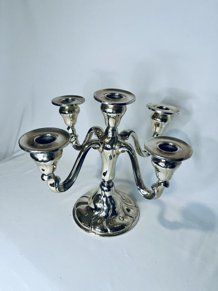 Candelabro Chapado en Plata EP Latón Alemania Estampado 5 Brazos Art Deco Barroco Antiguo Foto 2 de 4