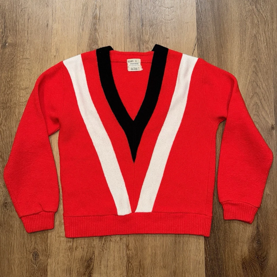 Suéter De Colección Años 50 60 Sears Ropa Deportiva Para Hombres Rayas Orlon Rockabilly Hecho en EE. UU. L Foto 4 de 4