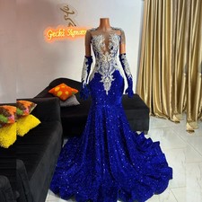 Custom Luxury Royal Blue Sequins Mermaid Prom Dress White Lace Crystal Beaded