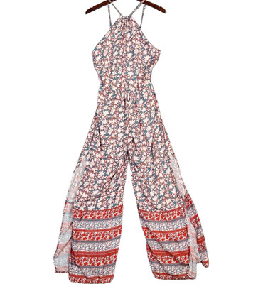Maaji Long Jumpsuit Women's L Cream Red Vibrant Floral Halter Neck Wide Leg Boho