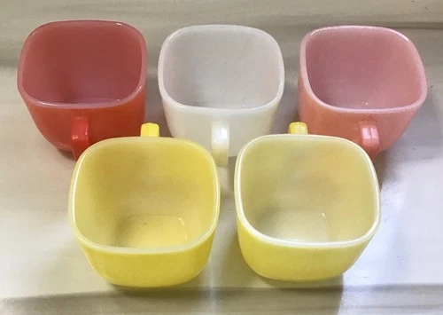 VTG Set of 5 Glasbake Square Multicolor Pastel Milk Glass Mugs Cups J-2265