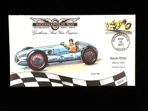 FDC COLLINS HAND-PAINTED CACHET #4530 INDIANAPOLIS 500 MAURI ROSE 1947 WINNER