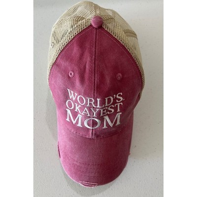 Adams World's Okayest Mom Distressed Trucker Hat Pink Mesh Adjustable