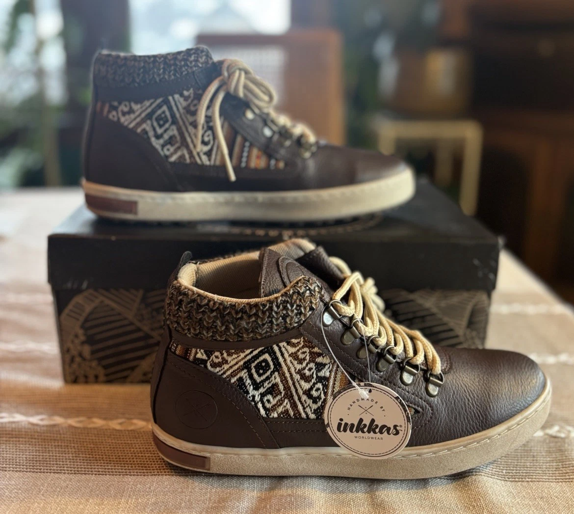 Inkkas Brown Vegan Leather Camping Boot Peruvian Print Knitted Wmn 10 EU 41 NWB