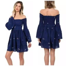 Free People Mini Dress Women sz Large Counting Daisies Navy Smocked Embroidered