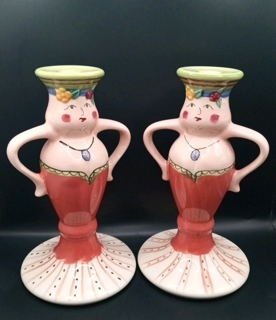 2 Pfaltzgraff Secrets of Pistoulet Lady Candle Stick Holders 9” Thanksgiving Dec