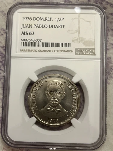 DOMINICAN REPUBLIC 1976 1/2 Peso NGC MS67 Juan Pablo Duarte KM# 44 (j2)