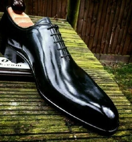 KARST SHOES Mens Handmade Boots Shiny Black Leather Plain Rounded Oxford Burnished Toe Shoes