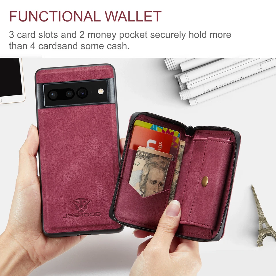 Estuche rígido billetera desmontable de cuero PU con cremallera para Google Pixel 9 Pro XL/8/7A/6 Foto 4 de 4