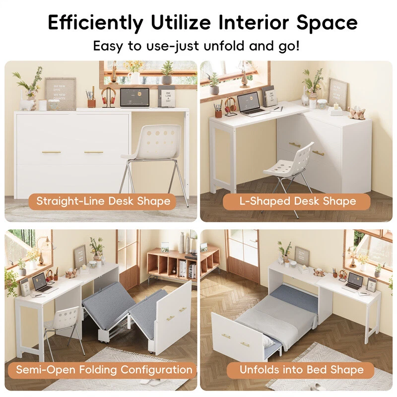 Mueble cama Murphy tamaño doble con escritorio de posición ajustable y cojín plegable, blanco Foto 4 de 4