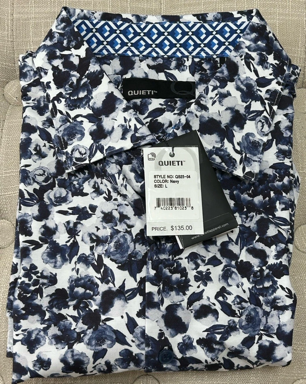 NWT QUIETI size L navy white nova stretch long sleeve button up shirt mens $135