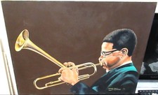 D.EVANS DIZZY GILLESPIE AFRICAN AMERICAN OIL ON CANVAS JAZZ PAINTING 1975