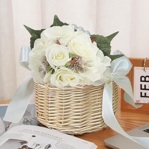 Flower Girl Basket with Pearl Handle Wedding Flower Basket Cute Rattan Wicker - Picture 7 of 8