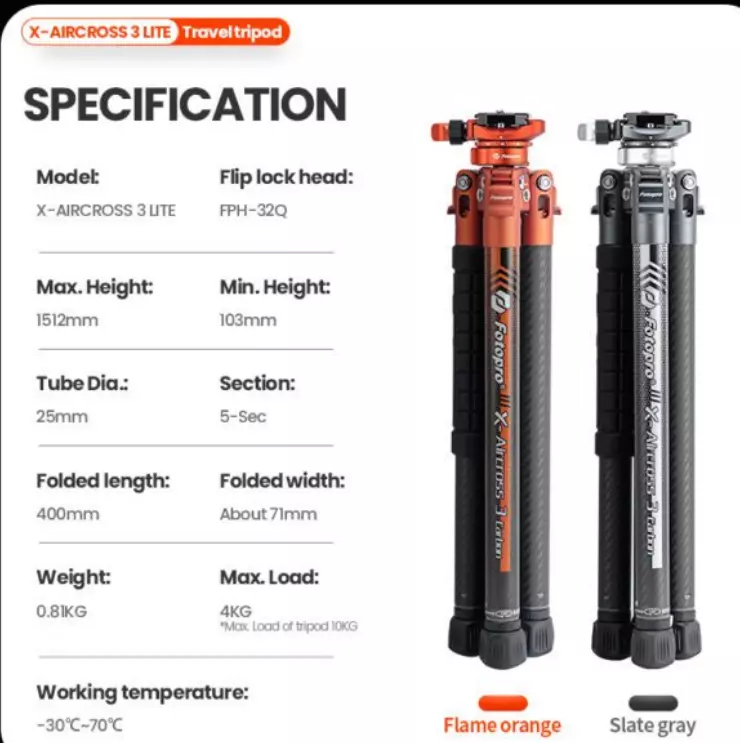 Fotopro X-Aircross 3 Carbon Fiber Tripod w Panoramic Ball