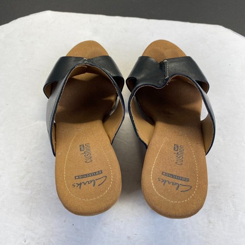 Clarks Women’s Leather Slide Wedge Sandal Sz 8.5 M Cork Heel Black Rubber Sole - Picture 2 of 14