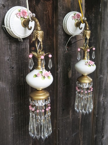 2 Apelines Lámpara Rosa Barbola Rosa Vintage Porcelana Cuentas Latón Tole Luz Desgastada - Imagen 3 de 12
