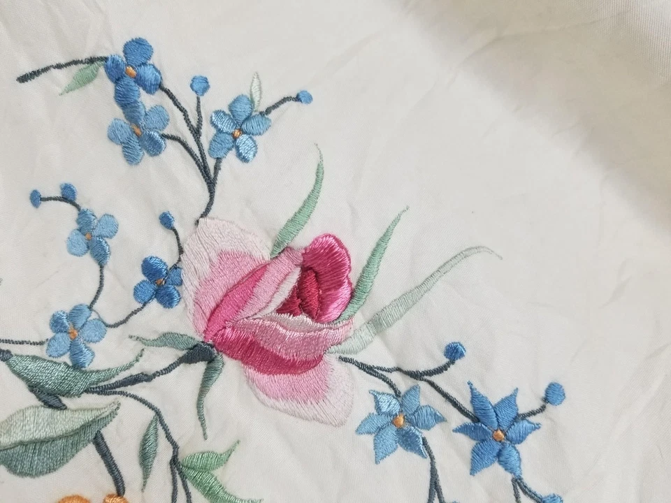 Vintage Chinese Hand Embroidered Silk Floral Piano Shawl 46x44 inches - Image 4 of 4