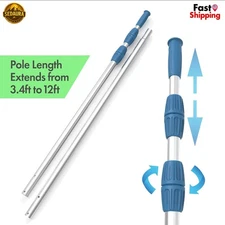 12ft Telescopic Swimming Pool Pole - Pro Aluminum Handle, Adjustable, Heavy Duty