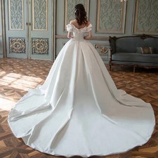Simple Satin Wedding Dress Dreamy Backless Court Train A-Line Bridal Gown