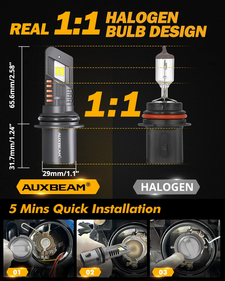 AUXBEAM Canbus 9004 HB1 LED Headlight Bulbs High Low Dual Beam 100W 25000LM 1:1 - Image 3 of 4