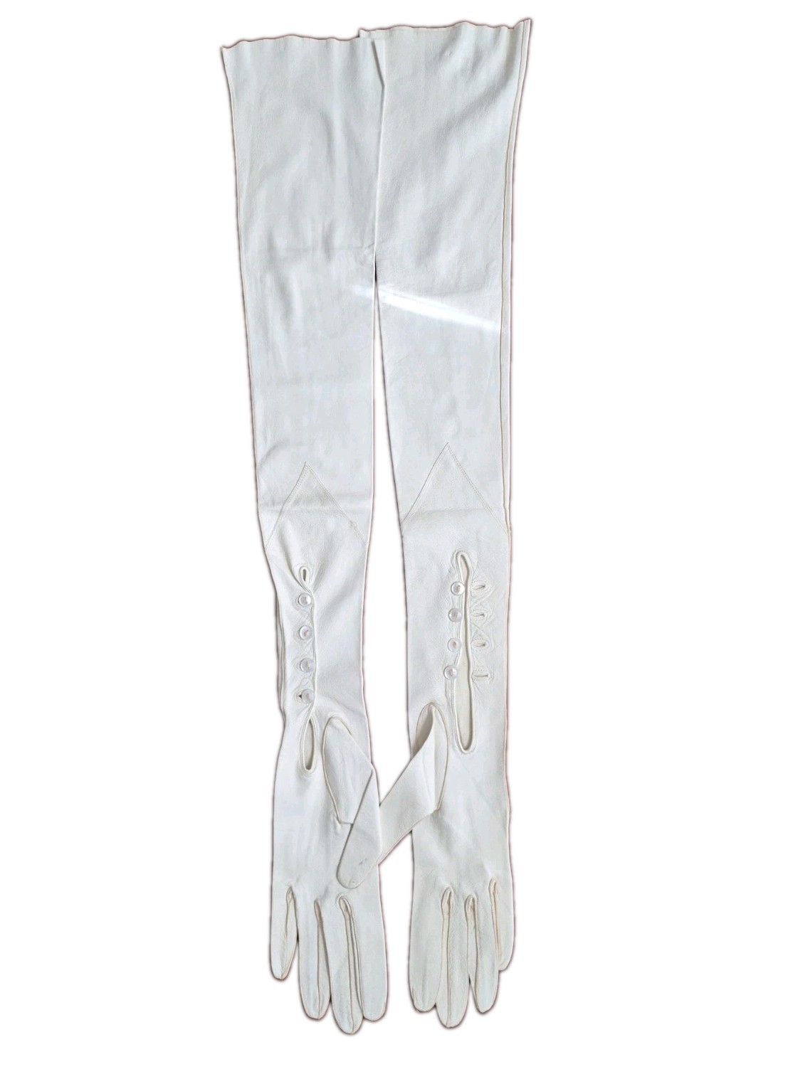 Pair of long cream leather opera gloves with button cuffs.