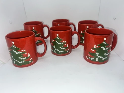 Vintage WAECHTERSBACH Christmas Tree Mugs Cups Set of 6 Germany Red