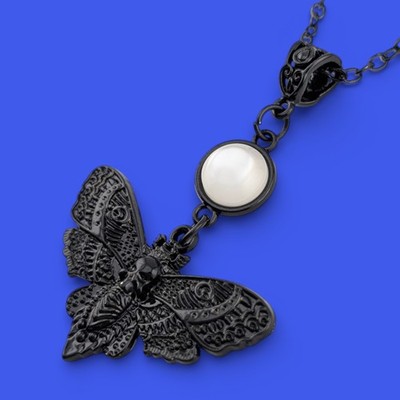 BLACK DEATHS HEAD HAWK MOTH & MOON PENDANT chain necklace gothic grunge witch C6
