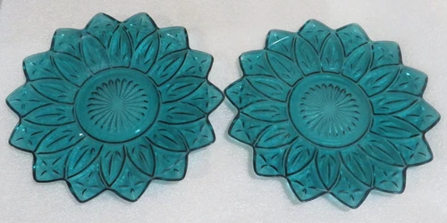 Vintage Teal Blue Federal Glass Petal  Plate Turquoise 9 1/4" lot of 2