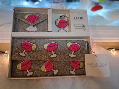 New Release Rachel Zoe 3 Pc Set Beaded Pink Margarita Clutch Card Case Charm NWT