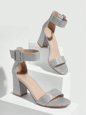 Brautschuhe Silber Pailletten Sandaletten Damen Blockabsatz Riemchen High Heels