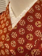 Wool fine pattern kimono, single garment, orange color with Japanese pattern