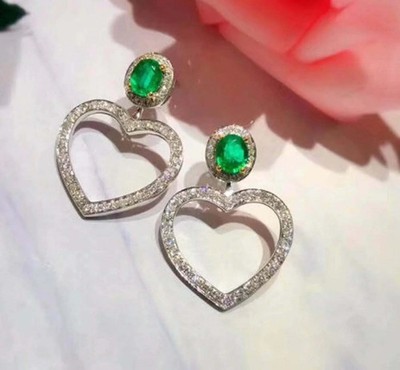 1.5ct Natural Drop Earrings Emerald & Diamond Stylish Heart 14k Solid White Gold