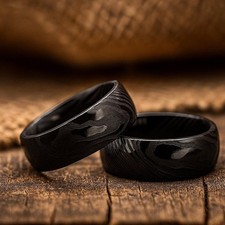 Polished  Matte Black Damascus Steel Wedding Ring Hammered Mens Woodgrain