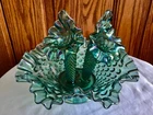 VINTAGE FENTON ART GLASS GREEN IRIDESCENT HOBNAIL EPERGNE