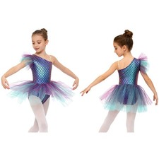 Girls Ballerina One Shoulder Fish Scales Kids Leotard Lyrical Ice Skating Tutu