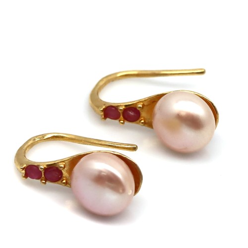 925 Sterling Silver 9 MM. White Pearl & Red Ruby Birthstone Jewelry Earrings - Picture 2 of 4