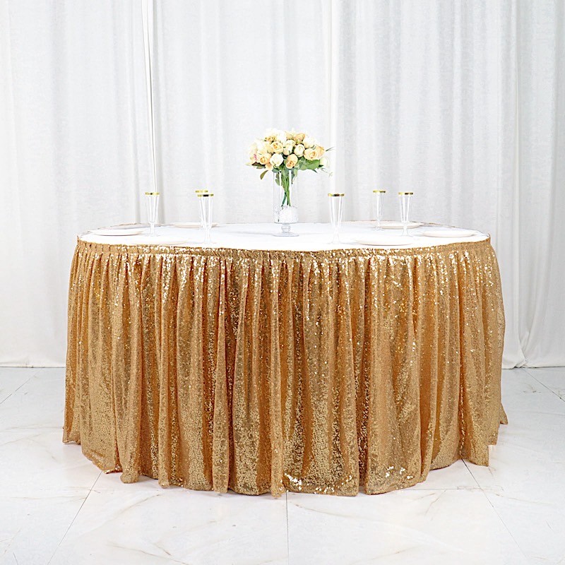 17 ft GOLD Sequin Pleated Satin TABLE SKIRT Closure Strip Party Event